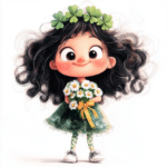 A joyful character swings from a tree branch adorned with colorful flowers and clovers