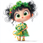 An adorable girl character hugs a giant clover while surrounded by swirling pastel butterflies