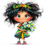A playful steampunk girl with a green top hat surrounded by lush greenery and whimsical butterflies
