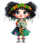 A whimsical steampunk girl with vibrant purple hair adorned with colorful flowers and intricate gears