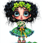 A quirky character wearing a floral dress and oversized goggles holding a bouquet of bright daisies