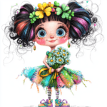 A charming character with expressive eyes and a flowing dress decorated with pink roses and clock motifs