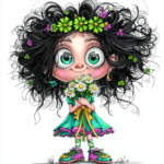 An imaginative character in a whimsical outfit surrounded by swirling vines and blooming flowers