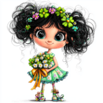 A delightful steampunk girl with pigtails and a floral crown sitting on a vintage suitcase