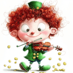A playful leprechaun juggling colorful shamrocks against a vibrant blue sky creating a festive atmosphere