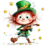 A cute leprechaun sitting atop a rainbow with a pot of gold at the end symbolizing luck and prosperity
