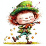 A charming leprechaun tipping his jaunty hat with a mischievous grin while surrounded by sparkling gold coins