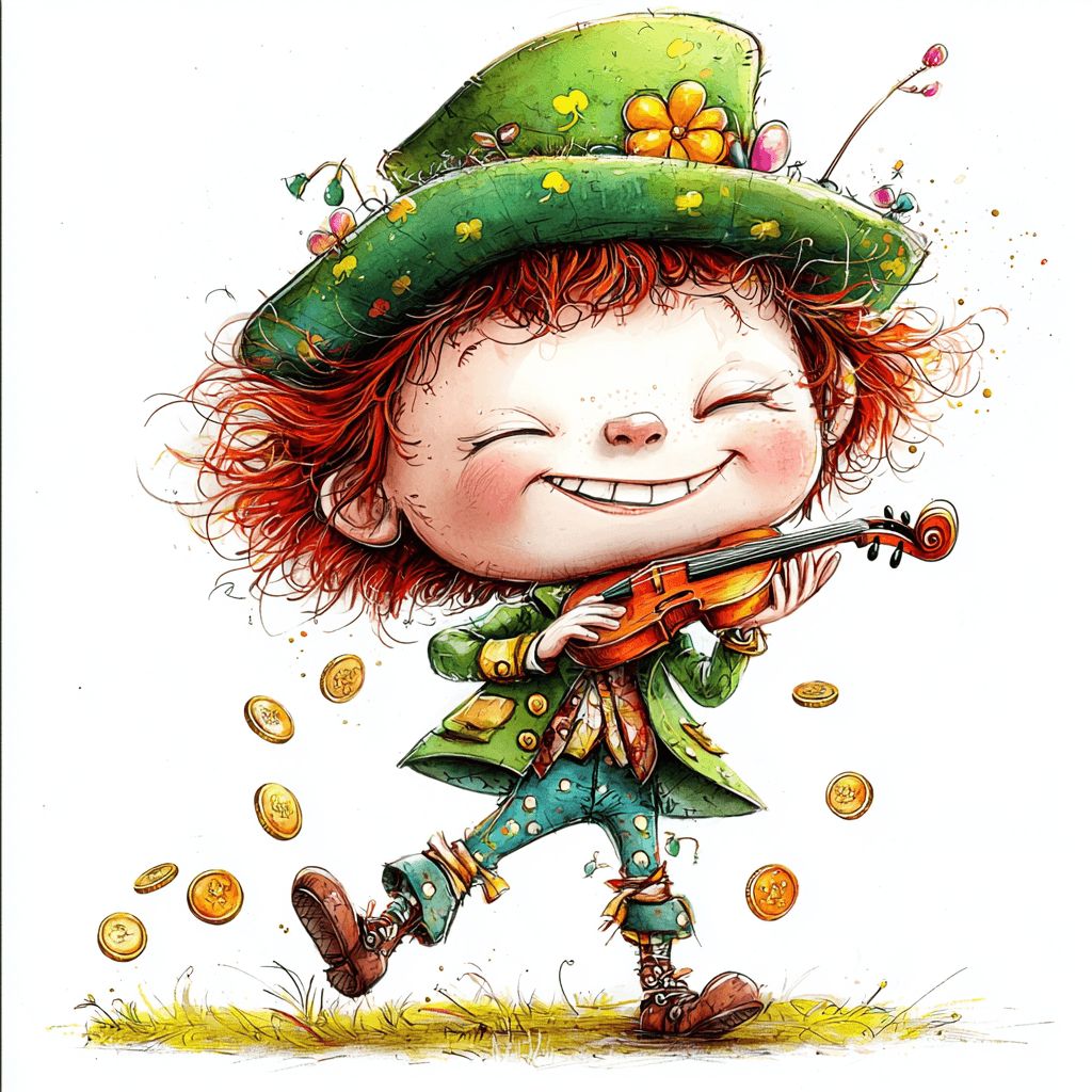 A charming leprechaun tipping his jaunty hat with a mischievous grin while surrounded by sparkling gold coins