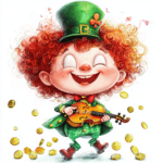 An animated leprechaun twirling in a field of clovers dressed in traditional Irish attire bursting with color