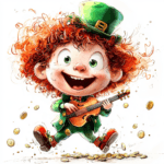 A whimsical leprechaun dancing joyfully on a patch of lush green grass wearing a bright green suit