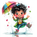 A joyful leprechaun character dancing under a rainbow umbrella with colorful raindrops falling around
