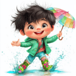 A cheerful leprechaun sitting on a cloud surrounded by colorful rainbows and whimsical raindrops
