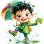 A whimsical leprechaun surrounded by colorful flowers and butterflies while holding a vibrant umbrella