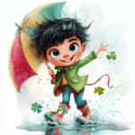 A charming leprechaun blowing kisses while holding a colorful rainbow umbrella in a sunny setting