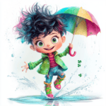 A cute leprechaun character standing on a patch of grass with a sparkling rainbow umbrella overhead