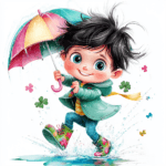 A whimsical leprechaun playfully splashing in puddles while holding a vibrant rainbow umbrella
