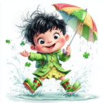A playful leprechaun joyfully twirling with a rainbow umbrella against a backdrop of fluffy clouds