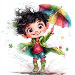 An adorable leprechaun peeking out from behind a bright green hill with a rainbow umbrella raised high