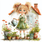 A joyful girl holding a bouquet of wildflowers in a sunlit garden setting