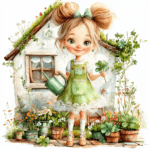 A cute girl watering a small plant in a whimsical garden filled with colorful blooms and greenery