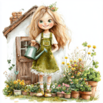 A charming girl exploring a vibrant garden filled with daisies and sunflowers under a bright blue sky
