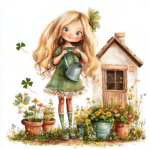 A whimsical girl sitting on a swing surrounded by blooming flowers and fluttering butterflies