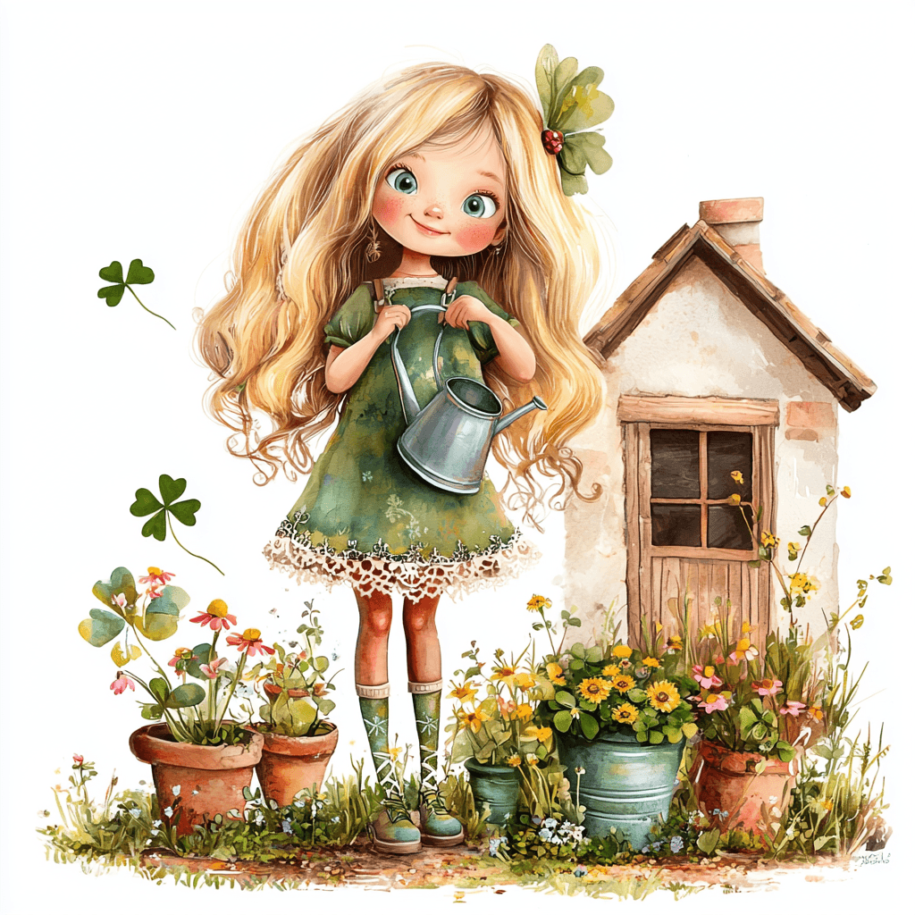 A whimsical girl sitting on a swing surrounded by blooming flowers and fluttering butterflies