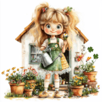A delightful girl painting a flower pot while surrounded by colorful plants and whimsical garden decor