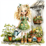 A whimsical girl sitting on a garden bench with an assortment of colorful flowers around her