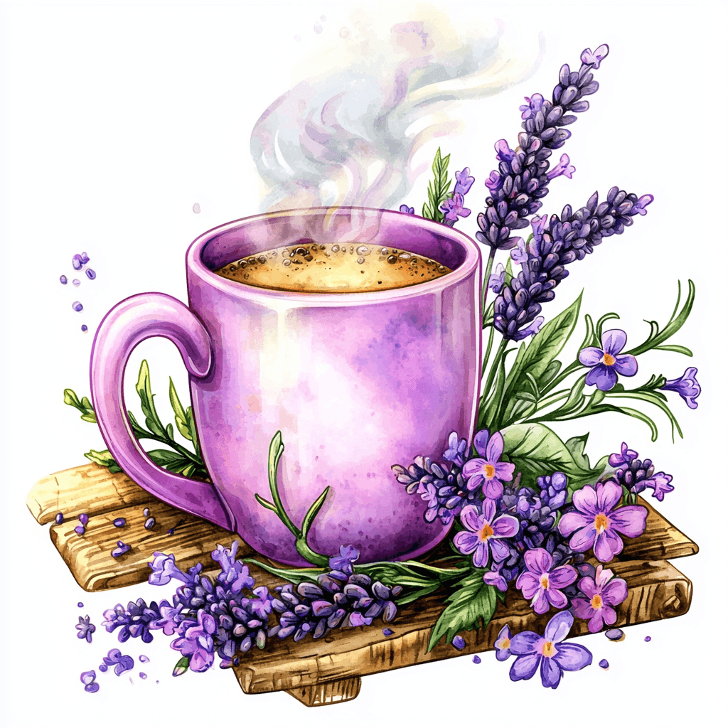 A whimsical lavender mug resting on a soft pink tablecloth adorned with tiny flowers