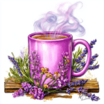 A lovely lavender mug displayed next to a stack of pastel-colored books and floral decor