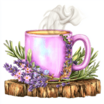A serene lavender mug accompanied by a vintage spoon and scattered flower petals