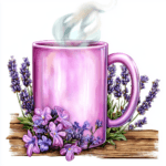 A cozy lavender mug set against a backdrop of watercolor lavender fields
