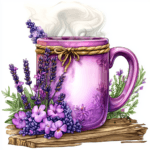 A beautifully detailed lavender mug beside a small bouquet of fresh lavender blooms