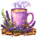 A pastel lavender mug filled with steaming coffee surrounded by delicate lavender sprigs