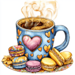 A whimsical mug design featuring hearts and swirls with a stack of macarons in soft hues