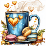 A charming illustration of a steaming mug with a heart and playful macarons scattered around