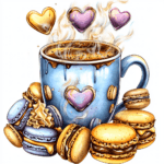 A heart-themed coffee cup with steam rising above and colorful macarons arranged artistically