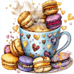 A beautifully designed mug with intricate patterns sitting next to a colorful macaron tower