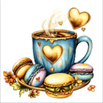 A pastel-colored mug filled with coffee surrounded by an assortment of sweet macarons