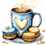 A delightful scene of a cheerful coffee mug with a heartwarming quote next to vibrant macarons