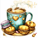 A cute coffee cup adorned with floral patterns alongside an array of bright macarons