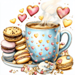 A cozy coffee mug with a smiling face surrounded by colorful macarons on a pastel background