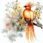 A graceful phoenix perched elegantly on a blooming branch surrounded by delicate pink and purple flowers