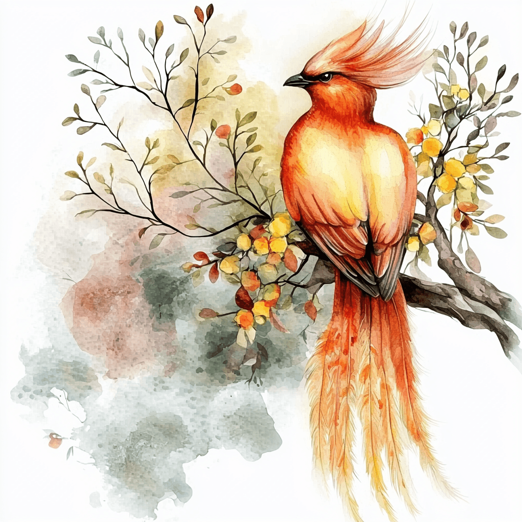 A graceful phoenix perched elegantly on a blooming branch surrounded by delicate pink and purple flowers