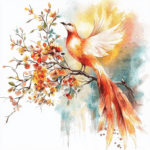 A colorful phoenix in mid-flight encircled by swirling floral designs and sparkling stars