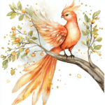 A dynamic phoenix depicted in a powerful pose with flowing feathers and bright floral elements
