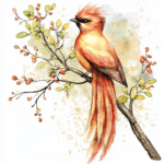 A whimsical phoenix surrounded by an array of colorful blossoms creating a magical atmosphere