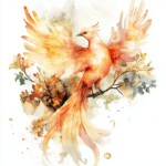 A stunning phoenix illustration showcasing rich hues of orange and yellow with lush green leaves