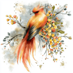 An enchanting phoenix rising from flames with intricate floral patterns woven into its wings